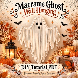 May include: A macrame ghost wall hanging made of off-white cord with black felt eyes and mouth. The text reads Macrame Ghost Wall Hanging and DIY Tutorial PDF Beginner-Friendly Digital Download. The design features fringe and knotted details.