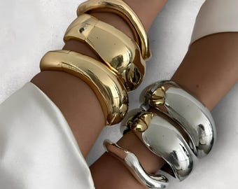 Geometric Metal Cuff Bangles | Hip Hop Punk Spring Bracelets | Gold & Silver | Trendy Jewelry for Men and Women