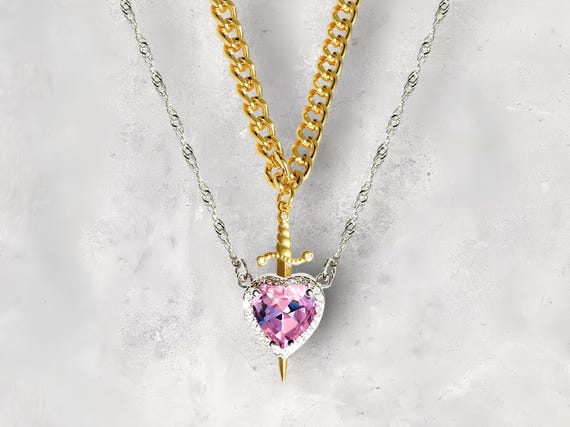 2-piece Heart & Sword Zircon Necklace Set, Couple Jewelry, Silver