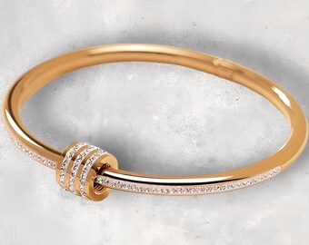 Classic Stainless Steel Zircon Bangle for Women, Circular Screw Bracelet, Elegant Female Jewelry, Fashion Accessories, Gift Idea