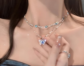 Romantic Blue Crystal Butterfly Necklace for Women & Girls, Simple Zircon Choker, Double Layer Clavicle Chain, Valentine Gift