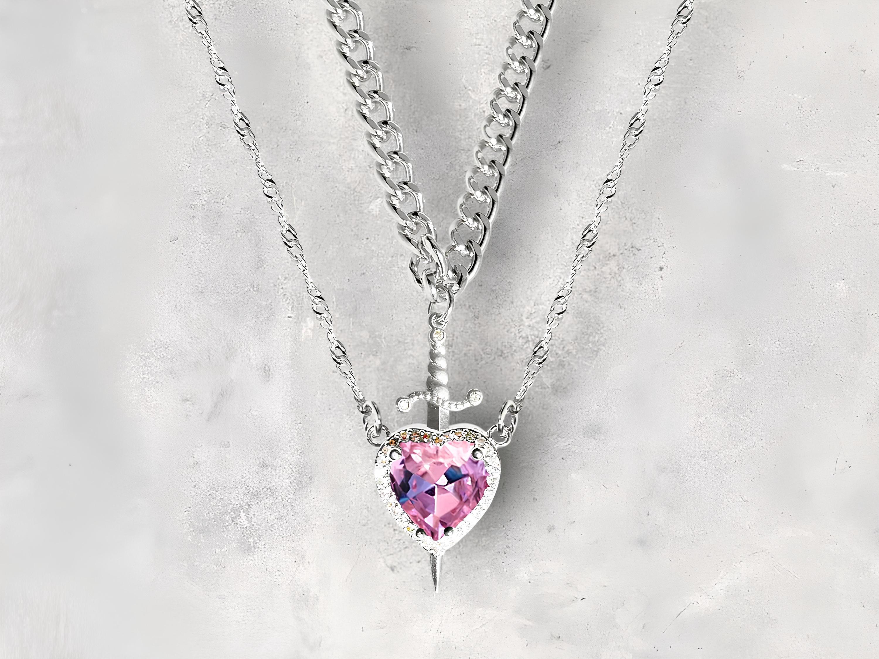 2-piece Heart & Sword Zircon Necklace Set, Couple Jewelry, Silver