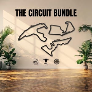 May include: A wall display titled THE CIRCUIT BUNDLE featuring three black outline shapes of race tracks labelled SPA, SILVERSTONE, and AUSTIN. Below the tracks are three icons representing an STL file, a 3D printer nozzle, and a commercial licence.