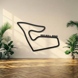 Può includere: Una scultura da parete nera che raffigura il tracciato del circuito di gara Red Bull Ring. Il design presenta un contorno continuo del circuito con il testo RED BULL RING integrato nella struttura, esposto su una parete liscia.