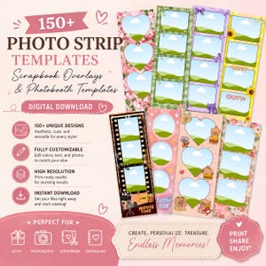 Puede incluir: Una colección de plantillas digitales de tiras fotográficas con varios bordes decorativos, incluyendo temas florales, de cuadros y de dibujos animados. La imagen muestra texto como 150+ PHOTO STRIP TEMPLATES, DIGITAL DOWNLOAD y MOVIE TIME.
