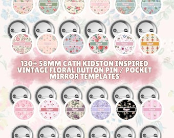 130+ sjablonen met vintage bloemenknoopspeld en zakspiegel (digitale download) – ontwerpen van 58 mm