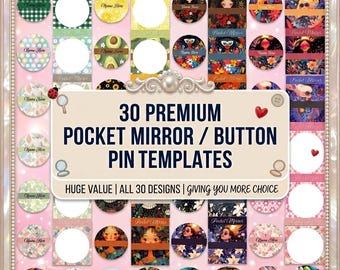 30 58mm Pocket Mirror & Button Pin Templates with Backing