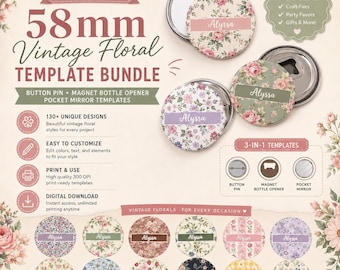 130+ Vintage Floral Button Pin & Pocket Mirror Templates (Digital Download) – 58mm Designs