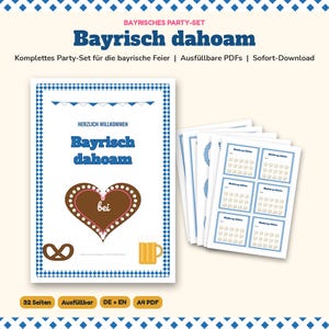 Könnte beinhalten: Ein druckbares Party-Set im bayerischen Design mit blau-weißem Rautenmuster am Rand. Die Hauptseite zeigt den Text Bayrisch dahoam, Herzlich Willkommen sowie ein braunes Herz, eine Brezel und eine Illustration eines Bierkrugs.