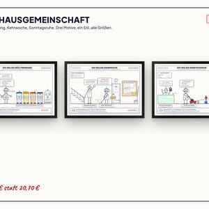 May include: A set of three framed posters titled SET HAUSGEMEINSCHAFT, featuring line art illustrations of German household rules. Each poster depicts stick figures with text bubbles, including themes of waste sorting, cleaning, and Sunday quiet hours.