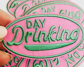 3" Day Drinking in Pink and Teal - Embroidered Hat Patch