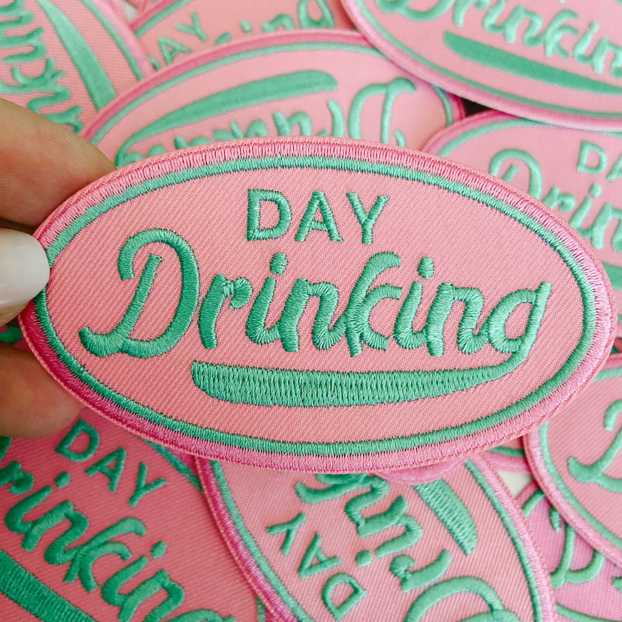 4&quot; Day Drinking in Pink and Teal - Embroidered Hat Patch (Version 2)