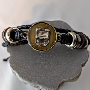 Court reporter gift, pewter steno charm leather boho bracelet, metal and wood bead accents adjustable, stenographer, stocking stuffer