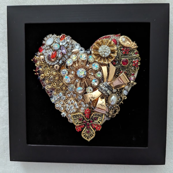 Framed rhinestone jewelry art gorgeous heart OOAK handmade USA exquisite  home decor 5x5 photo size frame wall table heirloom Valentine gift