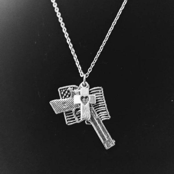 Necklace God, USA, 2A Flag with gun on top to protect our country, Cross on top of gun because God protects all of us, Christian, Patriot