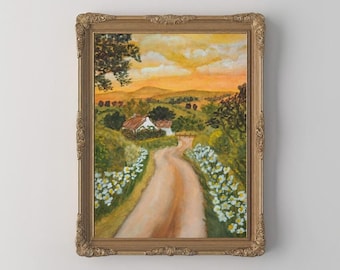 Pode incluir: Uma pintura de uma estrada de campo que leva a uma casa de fazenda branca com um pôr do sol dourado ao fundo. A estrada é ladeada por flores brancas e árvores verdes.