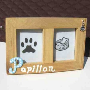 Super BLOWOUT Sale...PAPILLON Dog Breed Wood Desktop Double Photo Frame w/Pawprint Charm CHOOSE Red or Blue Letter image 1