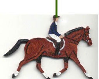 Hand-Painted TROTTING HORSE/RIDER Horse Wood Christmas Ornament....choose bay or chestnut horse