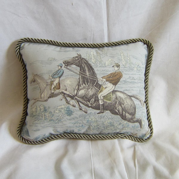 RACE HORSE RACING Horse/Rider Quality Upholstery Fabric Pillow 11 1/2 x 9 w/twist cord trim....choose style