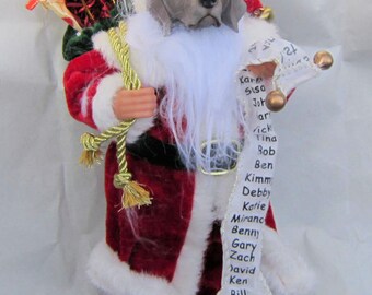 Medium WEIMARANER Dog Santa w/sack and List Holiday Figurine 11" tall Fabric Suit