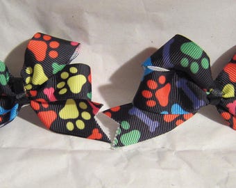 Handmade Colorful Dog Paw Print Childrens Hair Bow w/clip Grosgrain Ribbon 3" set of 2...choose style