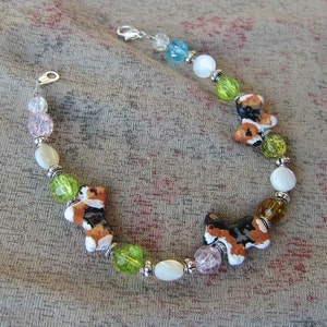Handmade WELSH CORGI Tri-color Clay Bead Bracelet Mother of Pearl/Glass Beads