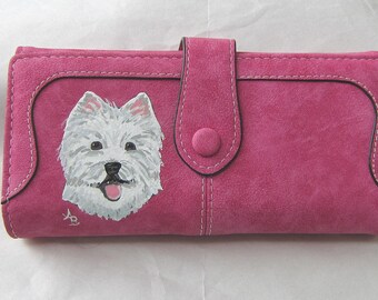 WESTIE TERRIER Hand-painted Rose Pink Faux Suede Full Size Ladies Snap Closure Wallet/Coin....Nicely Painted