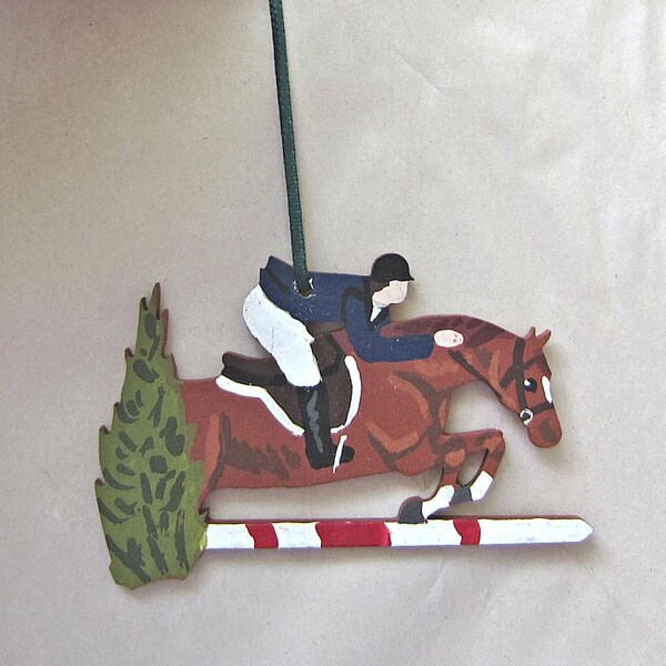 Hand-Painted Grand Prix HORSE & RIDER Horse Wood Christmas Ornament...choose Bay or Chestnut Horse