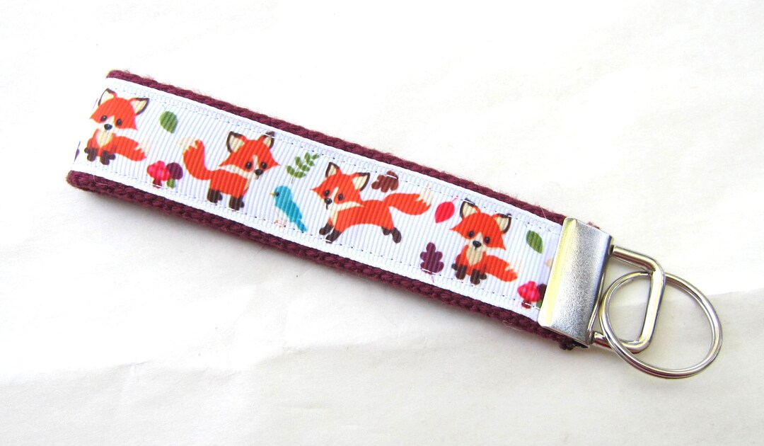 RED FOX on White Ribbon Keychain Key Fob Nylon & Ribbon Etsy