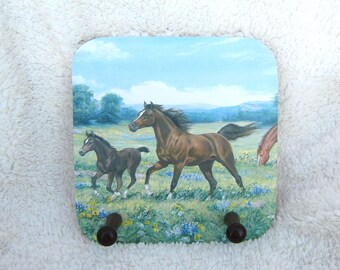 Vintage Wooden MARE & FOAL In Meadow Horse Theme 2-Peg Coat Rack
