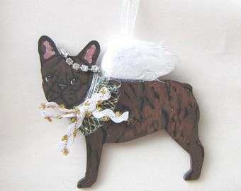 Hand-Painted FRENCH BULLDOG BRINDLE Feathered Wing Angel Wood Christmas Ornament.....Artist Original