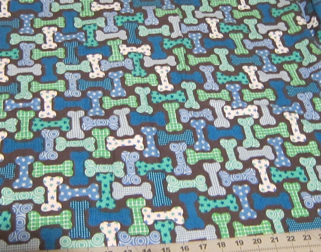 Dog Fabric DOG BONES Blue and Green on Black Cotton Flannel Fabric 42 Wide 15 Piece Etsy