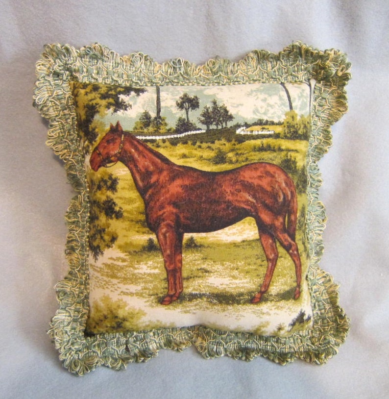 Markdown Sale...Elegant CHESTNUT HORSE in Field Pillow w/Green Scallop Fringe Trim...Quality Upholstery Fabric image 2