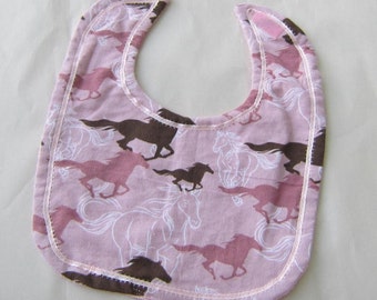Baby Sale...HORSES Pink Baby Bib Cotton Front/Terry Fabric Back Hook & Loop Closure Handmade...Price reduced