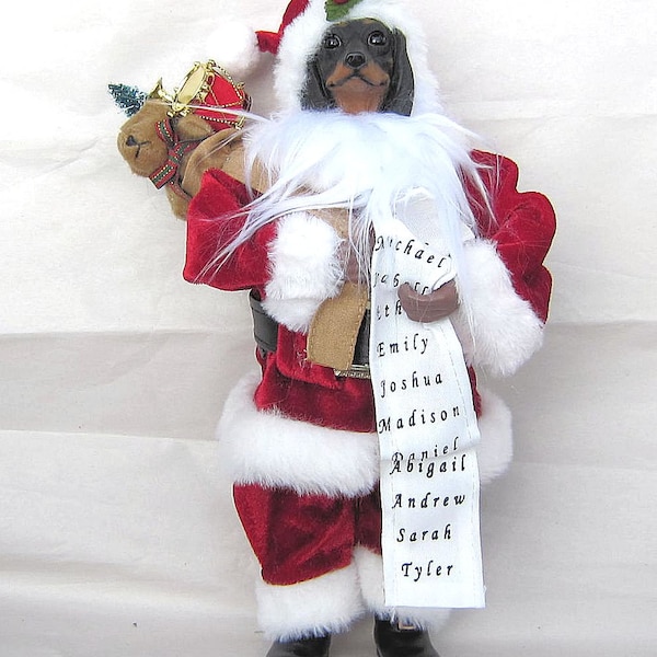 Dog Santa DACHSHUND w/sack Standing Holiday Figurine Fabric Suit...choose size, red or black dachshund