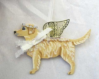 Hand-Painted GOLDEN RETRIEVER Metal Wing Angel Wood Ornament....Artist Original