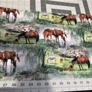 Horse Fabric HORSE Mares and Foals in Spring Pasture Cotton Fabric choose length