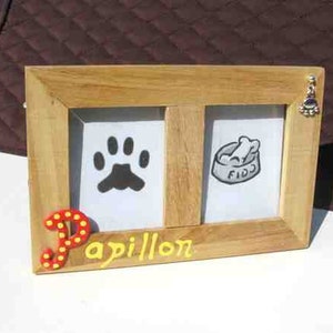 Super BLOWOUT Sale...PAPILLON Dog Breed Wood Desktop Double Photo Frame w/Pawprint Charm CHOOSE Red or Blue Letter image 2