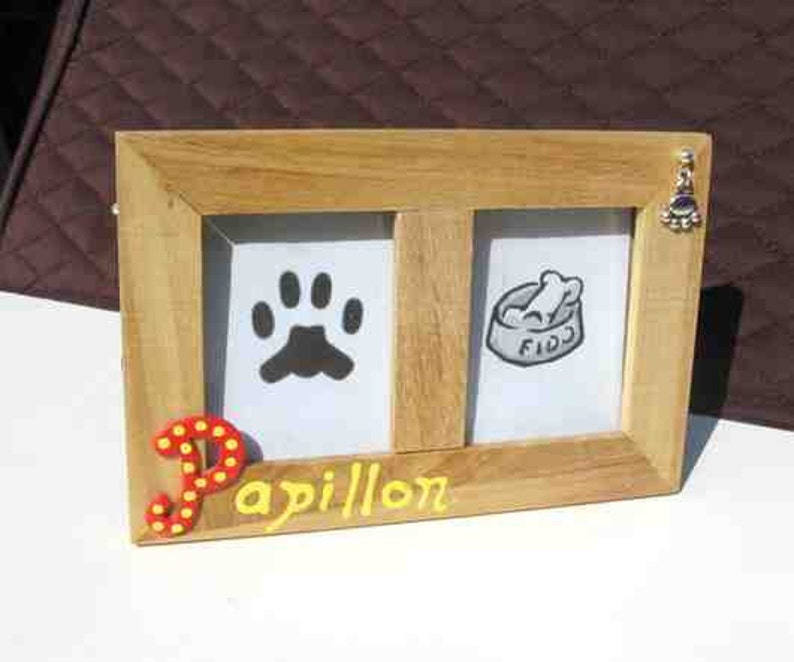 Super BLOWOUT Sale...PAPILLON Dog Breed Wood Desktop Double Photo Frame w/Pawprint Charm CHOOSE Red or Blue Letter image 2