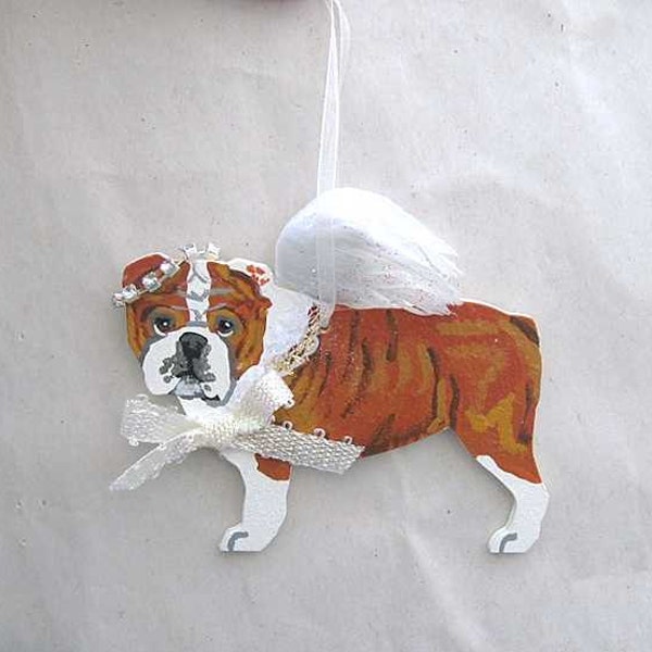 Hand-Painted ENGLISH BULLDOG RED Feathered Wing Angel Wood Ornament...Artist Original