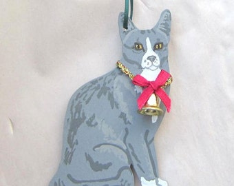 Hand-Painted GRAY/WHITE SHORTHAIR Cat Wood Christmas Ornament Artist Original...Nicely Painted