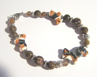 Handmade WELSH CORGI Tri-color Dog Clay Bead Bracelet Jasper Beads