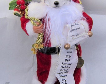 Medium SIBERIAN HUSKY Dog Santa w/sack and List Holiday Figurine 11" tall Fabric Suit...choose gray or red husky