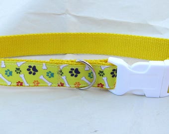 Dog Collar DOGBONE & PAW PRINTS on Yellow Nylon Webbing Snap Buckle Handmade..choose size