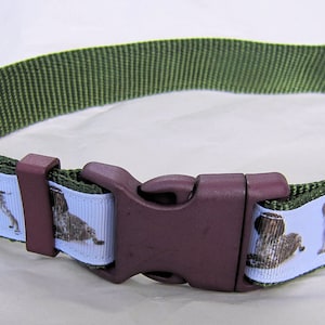 May include: A green dog collar with a white and blue ribbon featuring a pattern of dogs. The collar has a burgundy plastic buckle and a silver metal D-ring.