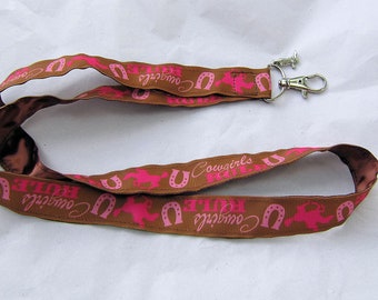 Handmade COWGIRLS RULE Western Horse Grosgrain & Satin Ribbon Lanyard/Keychain/Badge Holder w/Metal Charm