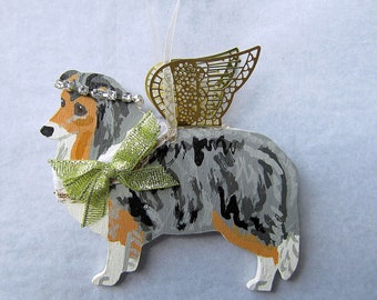 Hand-Painted SHELTIE SHETLAND SHEEPDOG Blue Merle Metal Wing Angel Wood Ornament....Artist Original