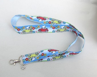 PEANUTS SNOOPY in Car Handmade Grosgrain & Satin Ribbon Lanyard/Keychain/Badge Holder w/Metal Charm