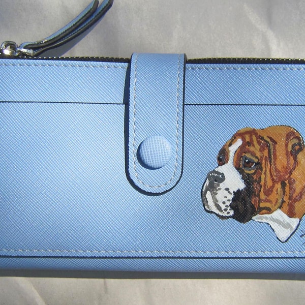 BOXER Handpainted Light Blue Color Faux Leather Full Size Ladies Bi-fold Wallet/Coin