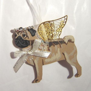 Hand-Painted PUG FAWN Metal Gold Wing Angel Wood Christmas Ornament.....Artist Original image 2